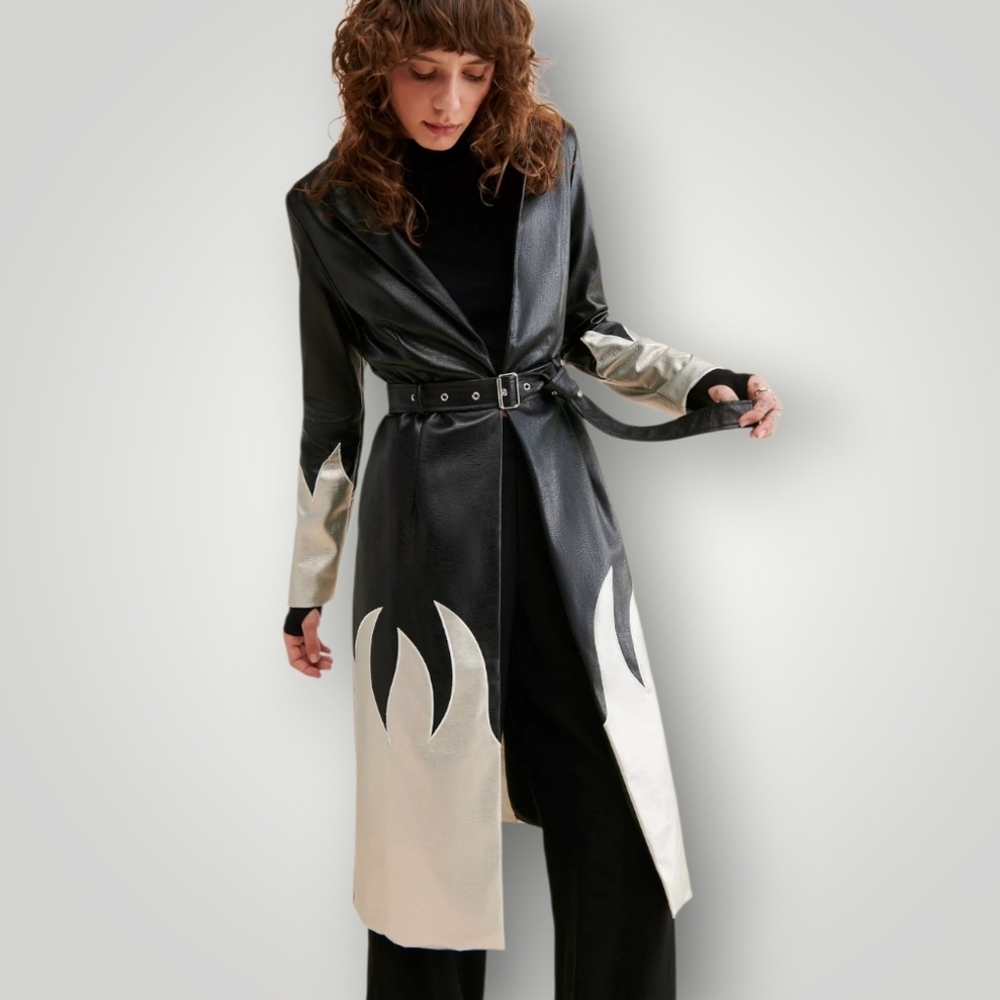 The Ragged Priest 6 Black Silver Flame Trench Coat Y2K Alt Festival Rave Goth